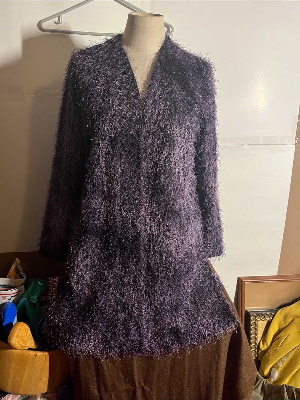 🌹 shaggy eyelash knit open-front duster cardigan in a textured deep purple